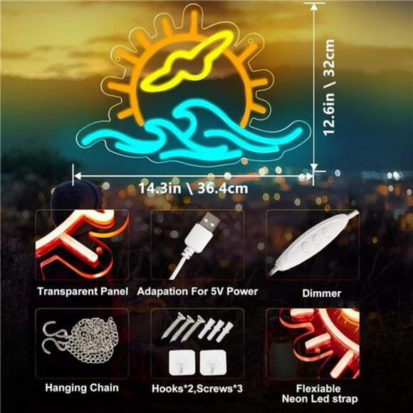 Sunset Neon Sign Seabird Wave LED Wall Light Bedroom Party Bar Wedding Decor - Picture 2 of 7